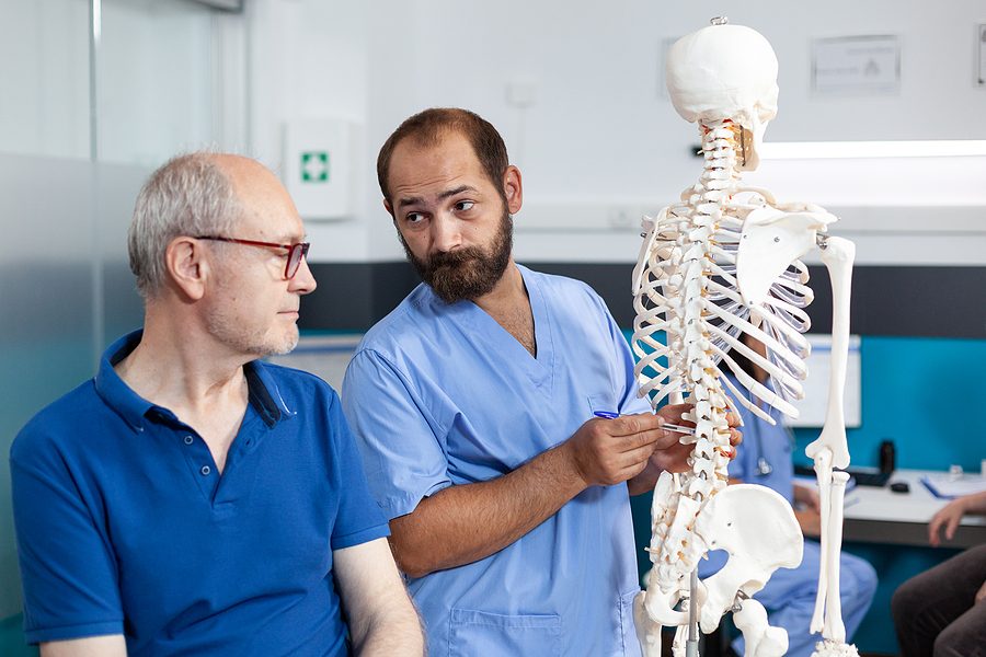 Chiropractor showing spinal cord bones to aged man for orthopedic diagnosis and physical recovery. Chiropractic assistant with human skeleton explaining spine injury to older patient - long-term disability insurance claim concept